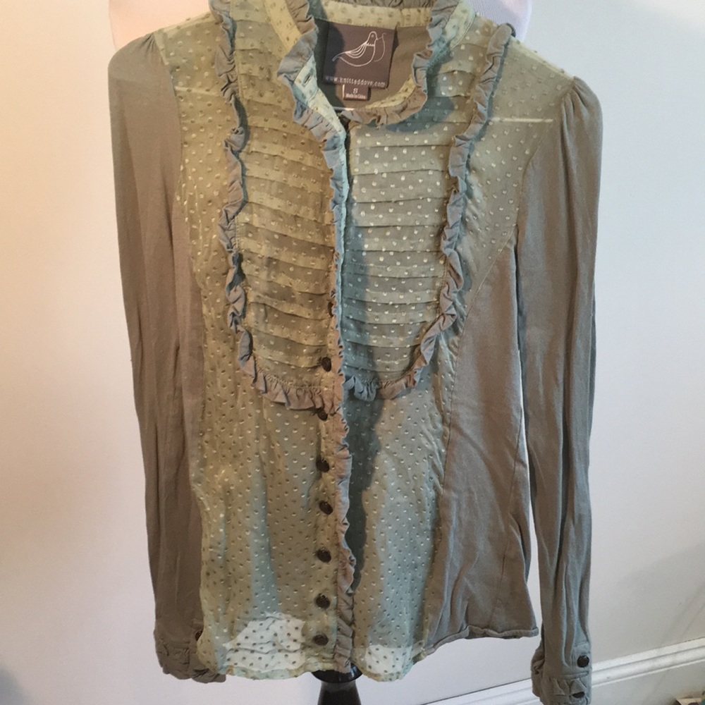 Knitted Dove  Muted Green ruffled blouse
